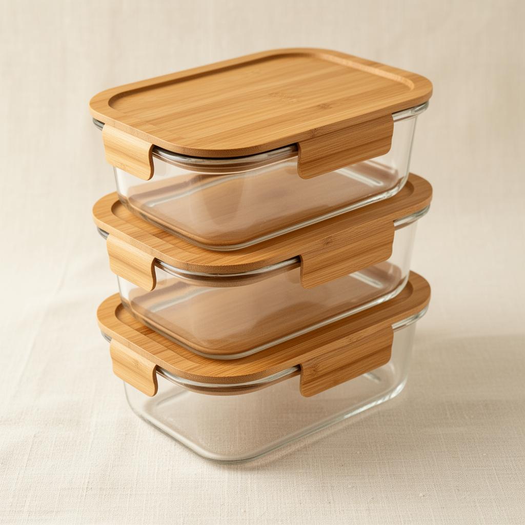 Stacked glass meal prep containers with bamboo lids